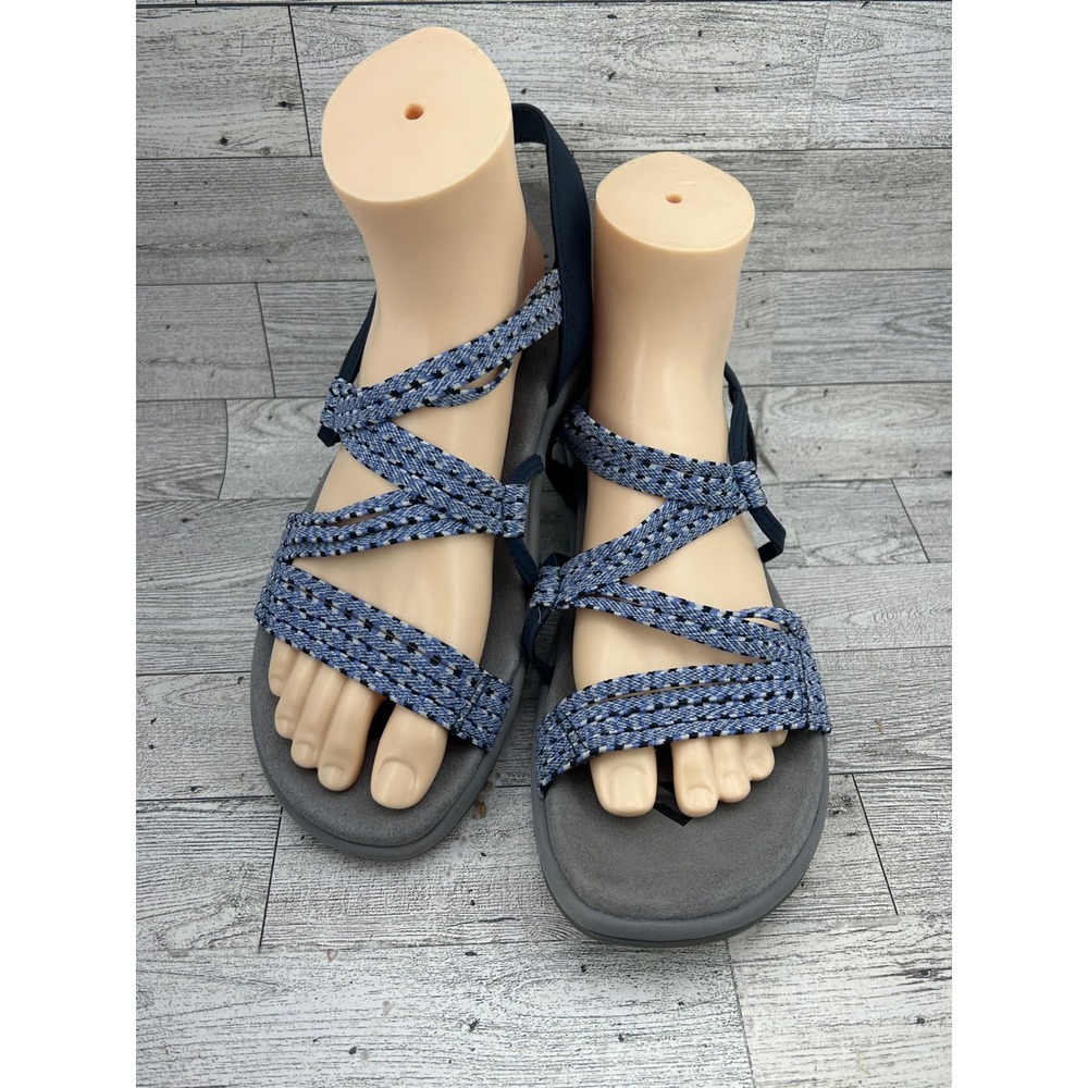 Skechers Reggae Slim Vacay Navy Blue Grey Strappy Memory Foam Sandals Women 10